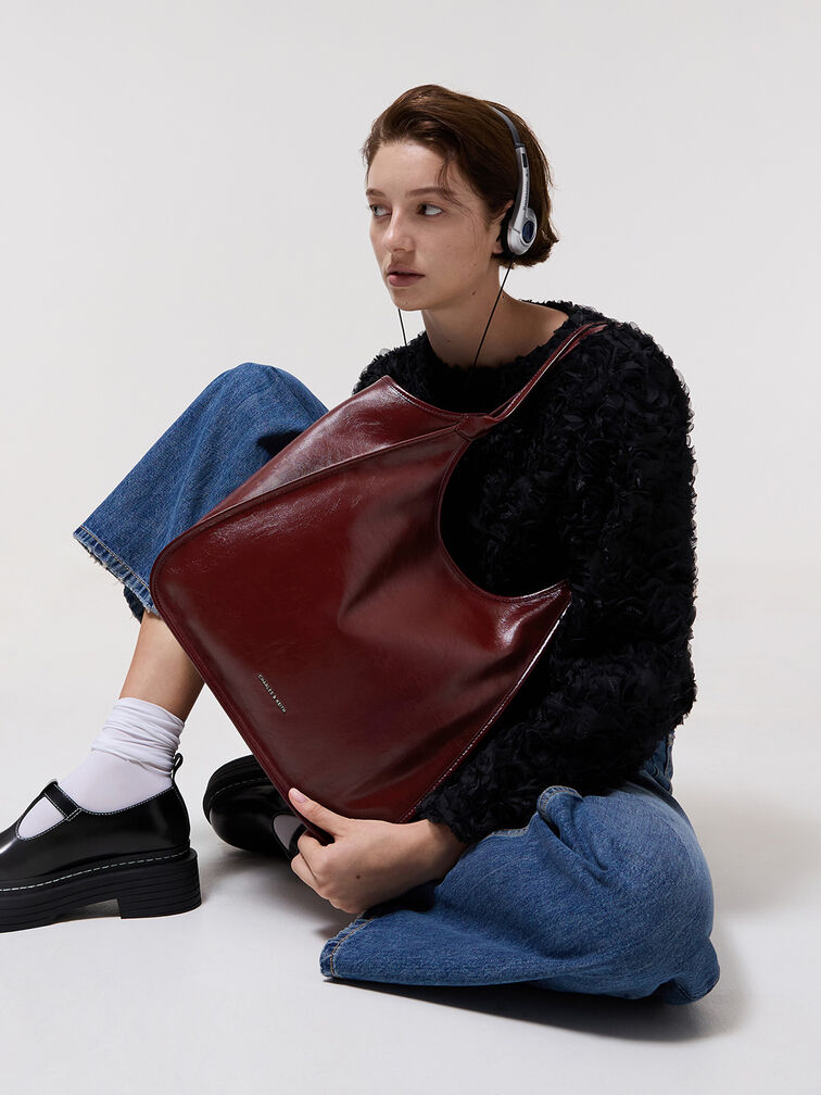 Sianna Crinkle-Effect Slouchy Tote Bag, Burgundy, hi-res