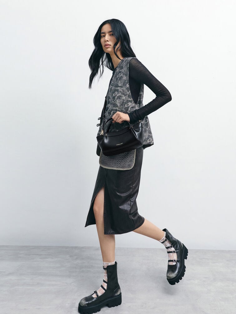 Clarice Pleated Double-Handle Tote Bag, Black, hi-res