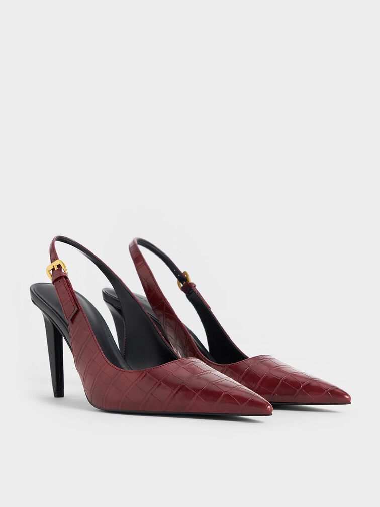 Croc-Effect Cone-Heel Pointed-Toe Pumps, Animal Print Red, hi-res