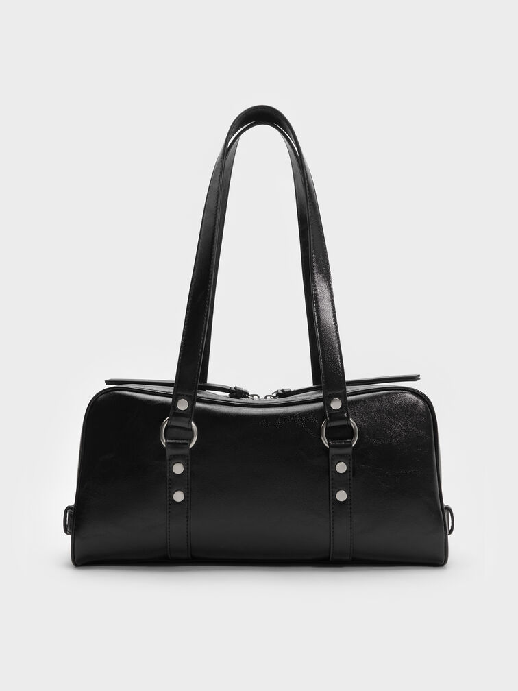 กระเป๋าสะพายไหล่ประดับหมุดรุ่น Tatiana, สีดำอะไหล่สีเงิน, hi-res