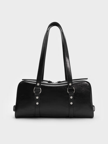 กระเป๋าสะพายไหล่ประดับหมุดรุ่น Tatiana, สีดำอะไหล่สีเงิน, hi-res