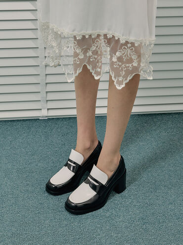 รองเท้าโลฟเฟอร์ดีไซน์สายคาดเพนนีเสริมส้นบล็อค, สีมัลติ, hi-res