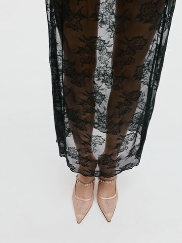 รองเท้าเปิดส้นดีไซน์ลูกไม้และผ้าซาติน, สีนู้ด, hi-res