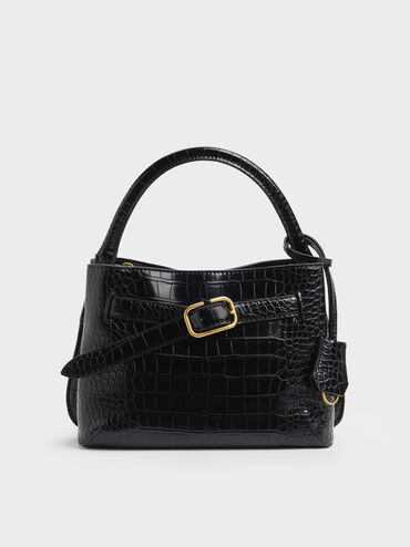 Victoria Croc-Effect Belted Top Handle Bag, Black Croco, hi-res