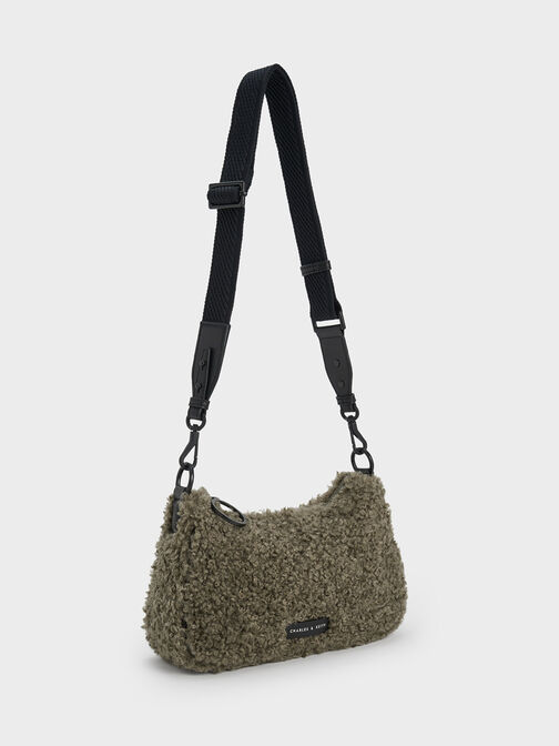 Philomena Furry Chain-Strap Crossbody Bag, สีกากี, hi-res
