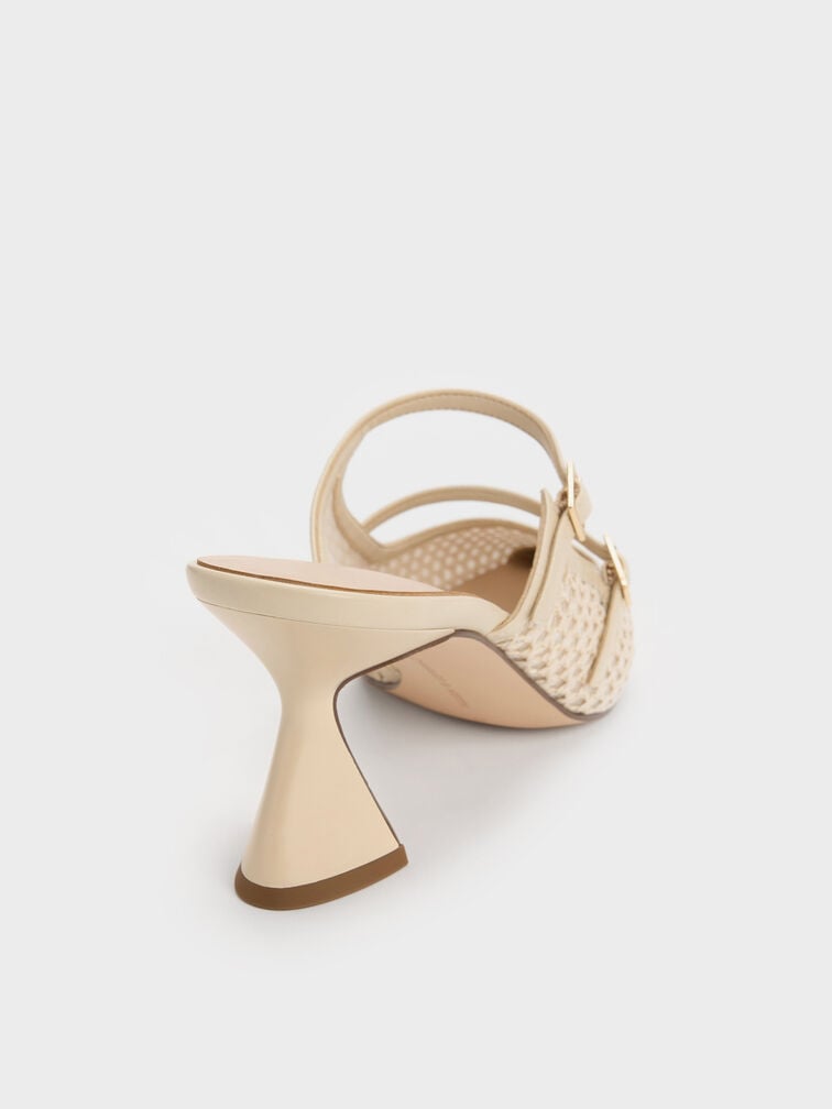 Raffia Sculptural-Heel Pointed Mules, Beige, hi-res