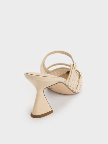 Raffia Sculptural-Heel Pointed Mules, Beige, hi-res
