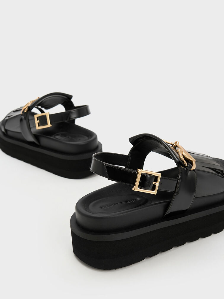 Horsebit & Fringe Platform Sandals, Black Boxed, hi-res