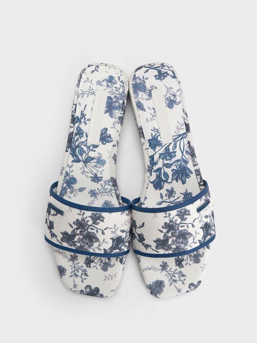 รองเท้าแตะแบบสวมพิมพ์ลายดอกไม้, สีฟ้า, hi-res