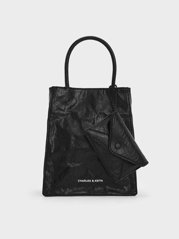 กระเป๋าโท้ททรงยาวลายย่นรุ่น Matina, สีดำอะไหล่สีดำ, hi-res