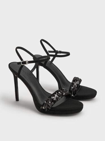 Sequinned Ankle-Strap Stiletto Sandals, Black Textured, hi-res