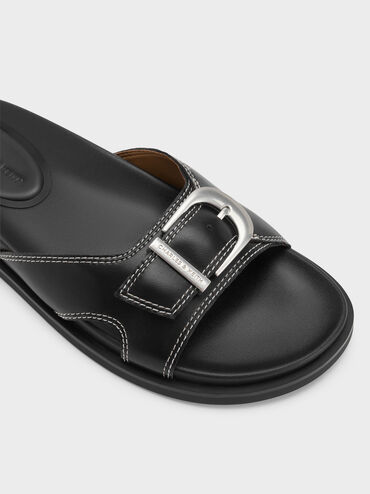 รองเท้าแตะแบบสวมดีไซน์สายคาดเท้าหัวเข็มขัดตกแต่งแบบเย็บขอบ, สีดำ, hi-res