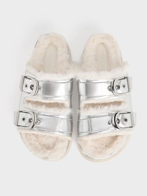 Hannah Metallic Furry Buckled Double-Strap Sandals, Silver, hi-res