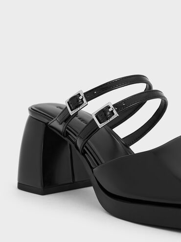 Double-Strap Platform Mules, Black Boxed, hi-res