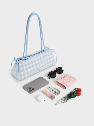 Hazel Gingham Bow Elongated Shoulder Bag, Gingham Blue, hi-res