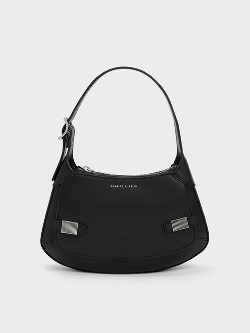 Metallic-Accent Curved Shoulder Bag, สีดำ, hi-res