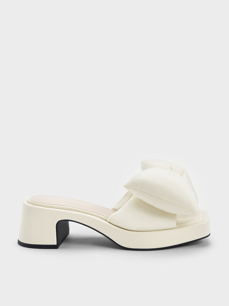 Puffy Bow Heeled Mules, สีครีม, hi-res