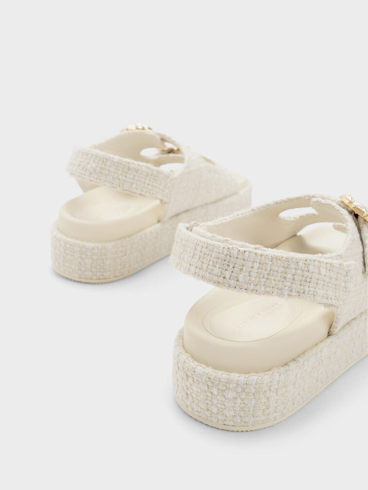 Tweed Pearl-Buckle Double Strap Sandals, สีชอล์ค, hi-res