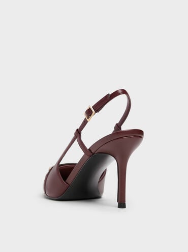 Metallic-Bar Pointed Slingback Pumps, Burgundy, hi-res