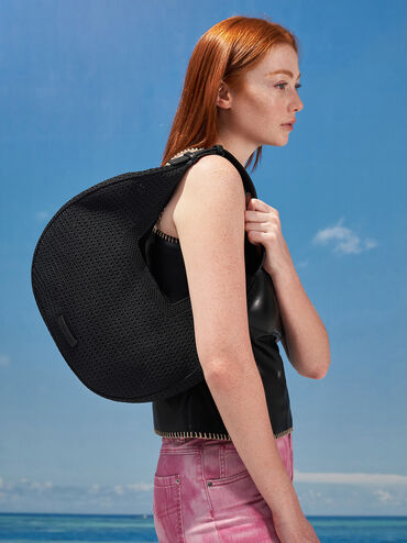 กระเป๋าโฮโบแบบถักรุ่น Ida, สีดำ, hi-res