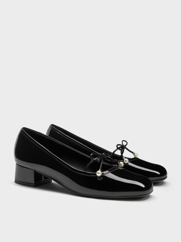 Barbara Patent Pearl-Embellished Bow Ballet Pumps, Black Patent, hi-res