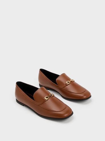 Metallic Accent Round-Toe Loafers, สีน้ำตาล, hi-res