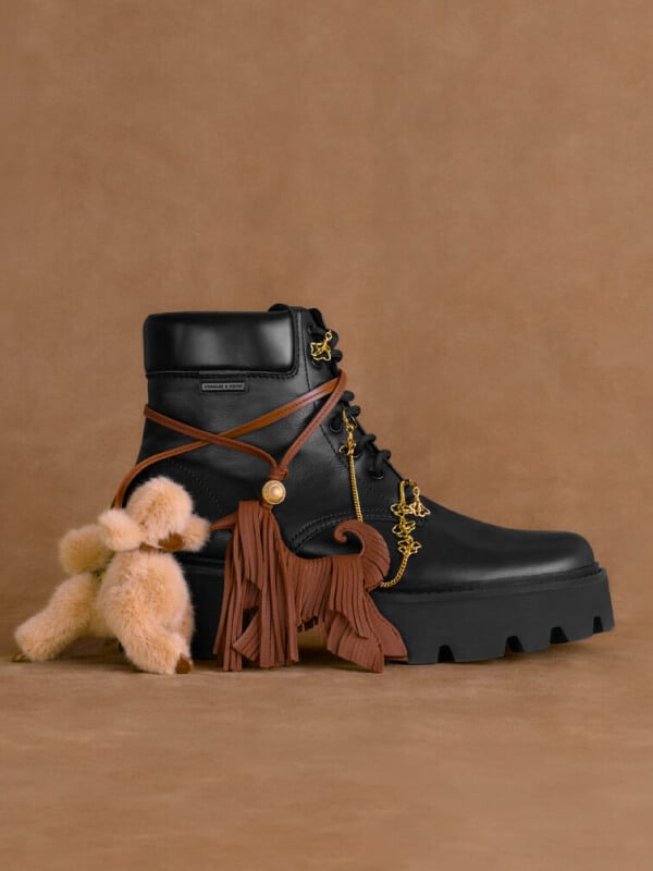 Women’s leather fringed dog charm, faux shearling poodle charm and acorn charm - CHARLES & KEITH