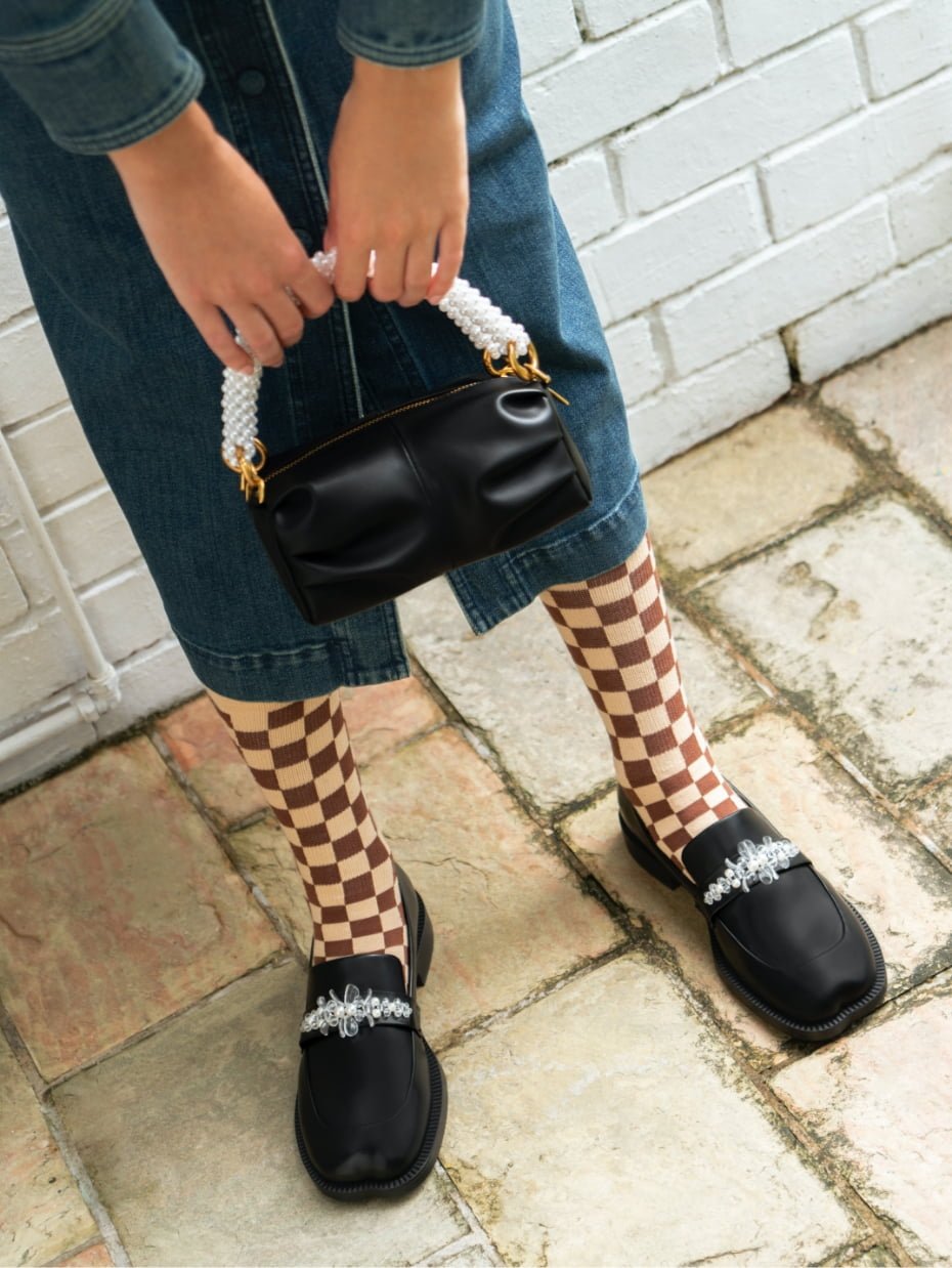 Women’s beaded handle ruched shoulder bag and bead-embellished penny loafers in black (close up) - CHARLES & KEITH