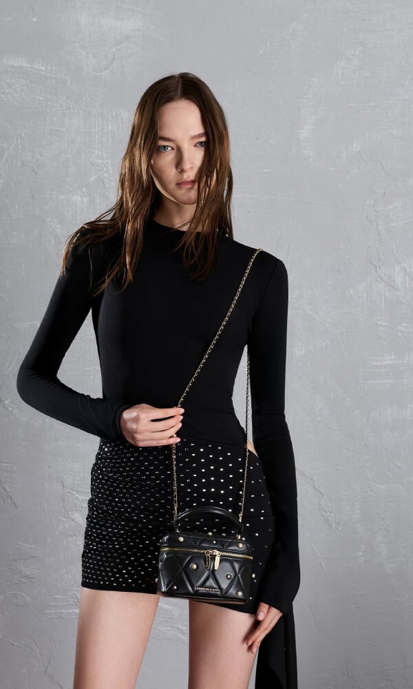 Black Arwen Quilted Pearl-Embellished Top Handle Vanity Bag - Silver - CHARLES & KEITH