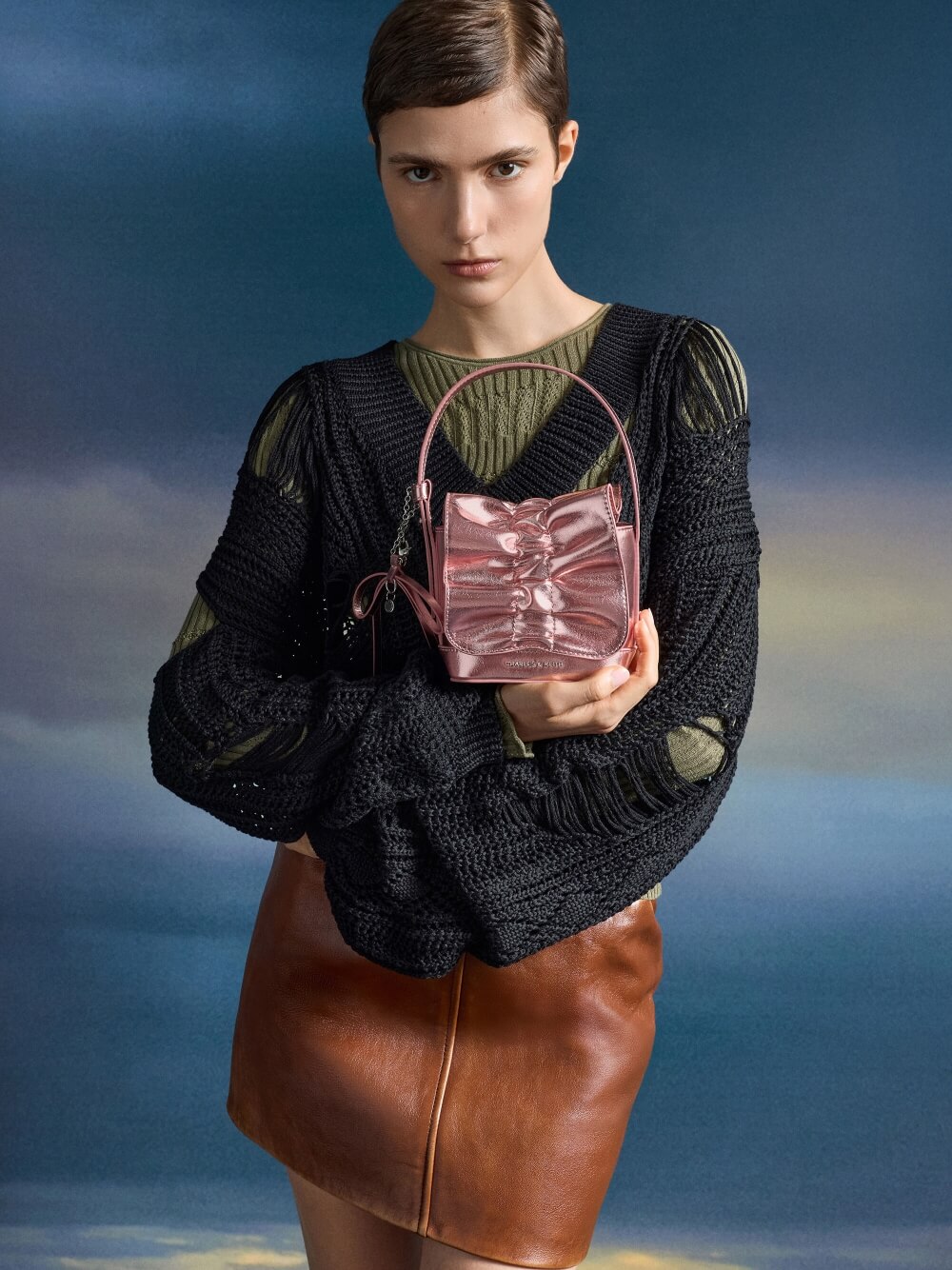 Aura Pink Kadee Metallic Bow-Charm Ruched Mini Bag - CHARLES & KEITH