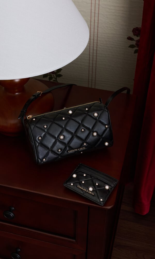 Black Janie Pearl-Embellished Quilted Shoulder Bag - CHARLES & KEITH