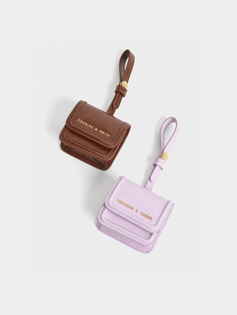 Women’s Stitch-Trim AirPods Pouch in dark brown and lilac - CHARLES & KEITH