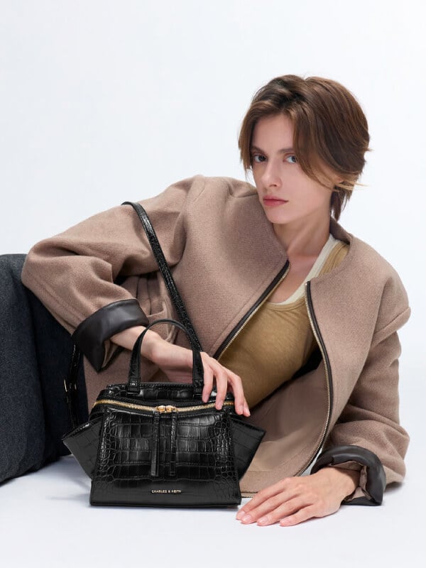 Women’s Pansy trapeze croc-effect top handle bag - CHARLES & KEITH