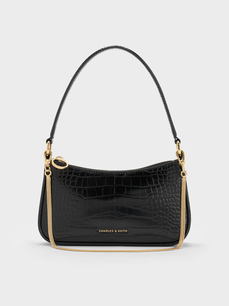 Women’s Elspeth croc-effect chain-link shoulder bag in black, maroon and cream