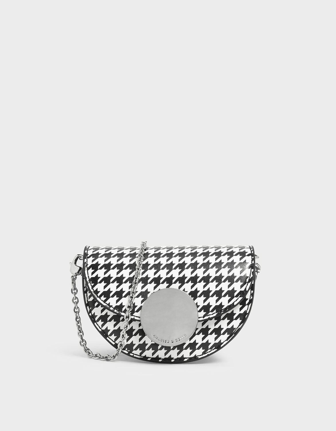 Women's Circular Push Lock Houndstooth Print Saddle Pouch - CHARLES & KEITH