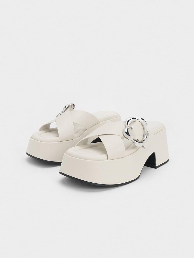 Women’s Flower-Buckle Crossover Platform Mules in chalk - CHARLES & KEITH