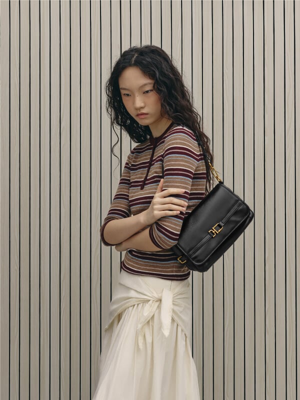 Black Gwynne Metallic-Buckle Belted Shoulder Bag - CHARLES & KEITH