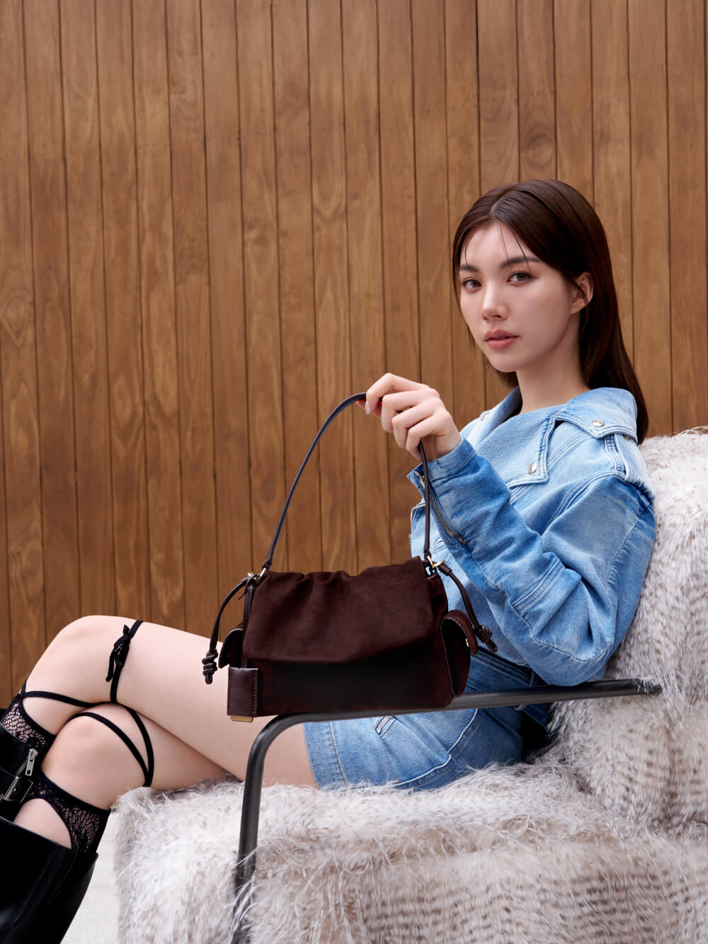 Women’s Khai recycled suede ruched-flap side-pocket top-handle bag, as seen on Orm Kornnaphat  - CHARLES & KEITH