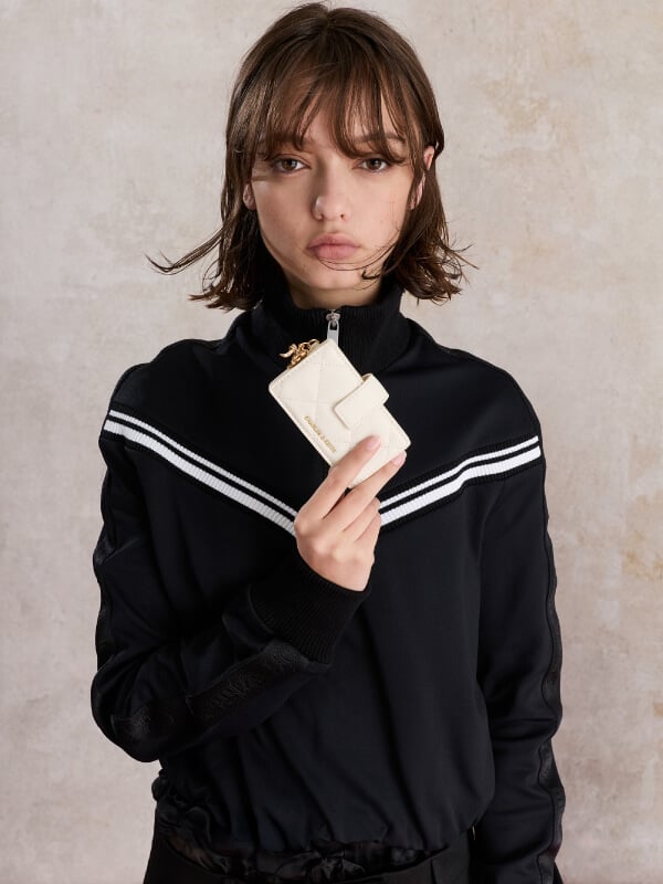 Cream Arrietty Quilted Bow-Heart Charm Belted Card Holder - CHARLES & KEITH