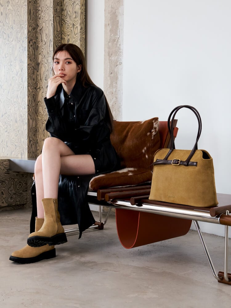 Victoria recycled suede belted trapeze tote bag and Devan faux suede side-zip ridged-sole calf boots - CHARLES & KEITH