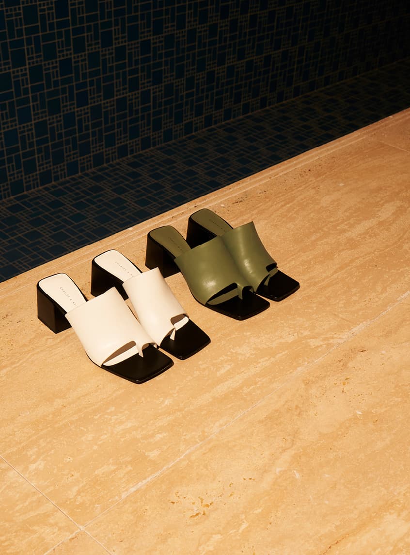 Women’s square toe mules in olive and white – CHARLES & KEITH