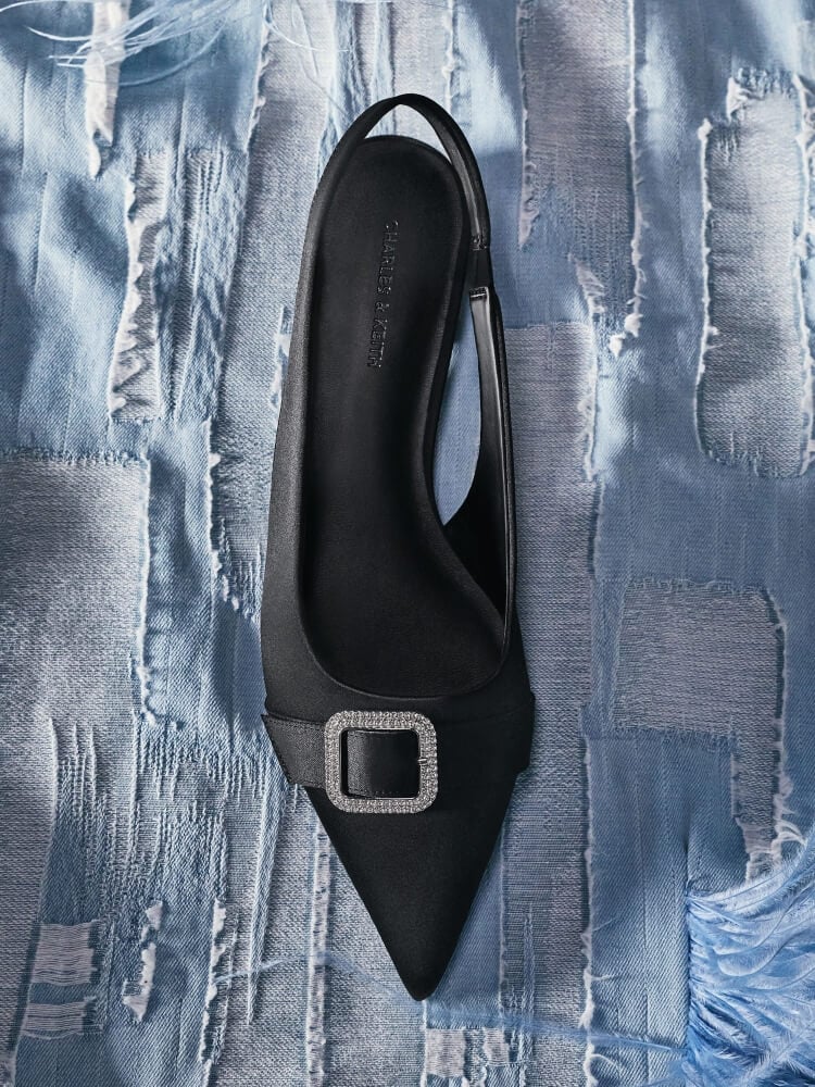 Women’s patent crystal-buckle pointed-toe slingback flats - CHARLES & KEITH