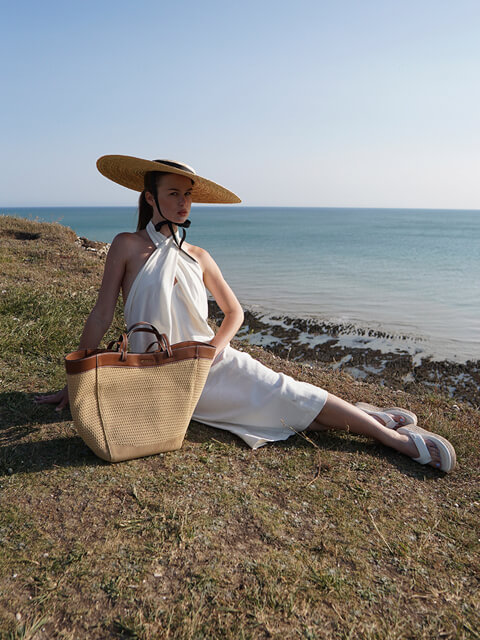 Women’s knotted sculptural tote bag and espadrille thong sandals, as seen on Arina - CHARLES & KEITH