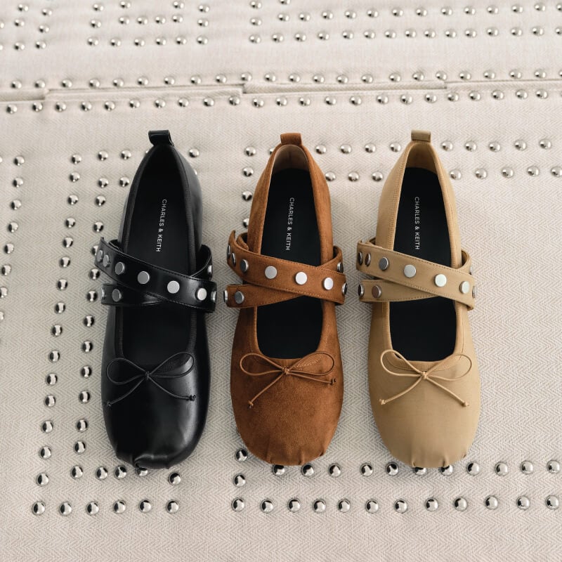 Women’s Gael twill studded crossover-strap bow Mary Janes and faux suede studded crossover-strap bow Mary Janes - CHARLES & KEITH