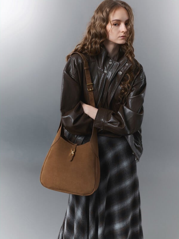 Mocha Brown Adalyn Recycled Suede Hobo Bag - CHARLES & KEITH