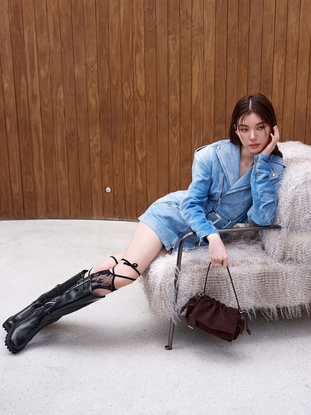 Women’s Khai recycled suede ruched-flap side-pocket top-handle bag & Lyndon buckled side-zip knee-high boots, as seen on Orm Kornnaphat – CHARLES & KEITH