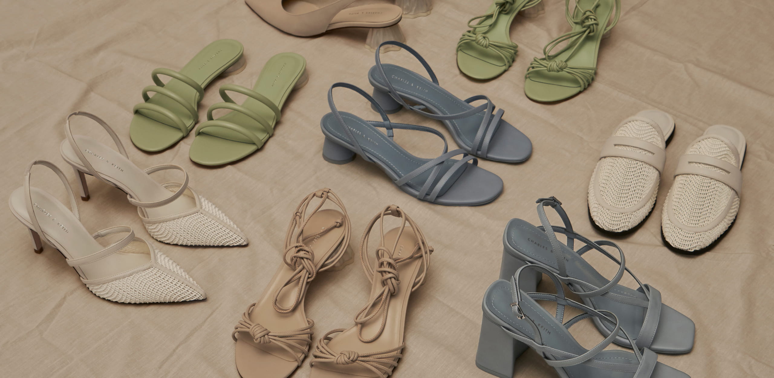 Strappy sandals, woven mules and slingback pumps in beige, chalk, light blue and mint green