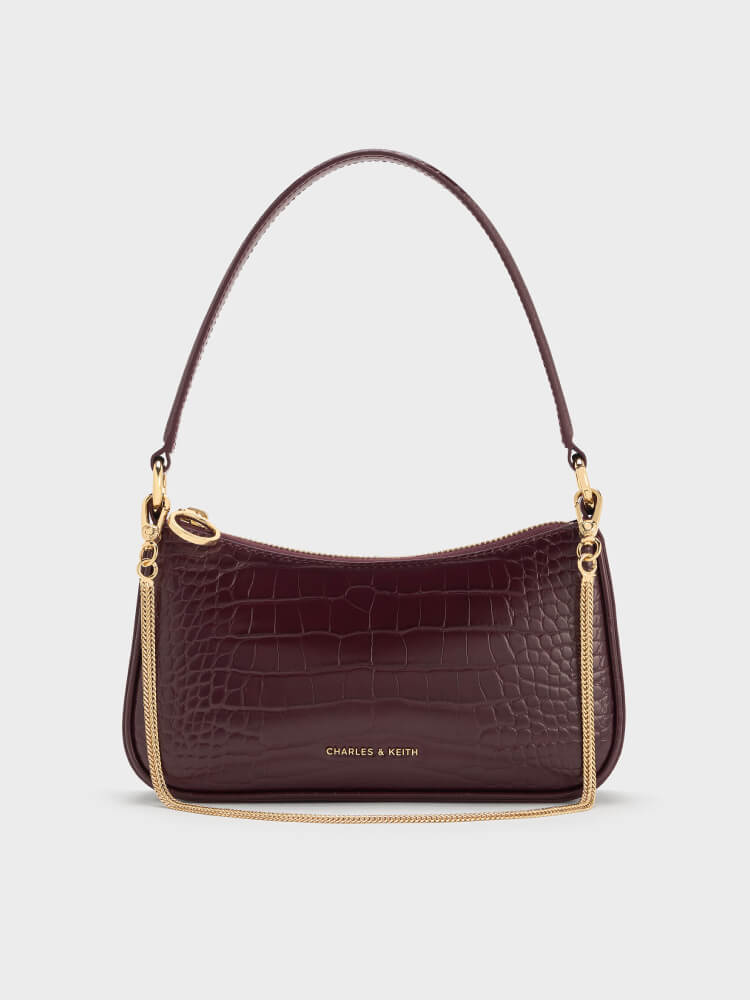 Women’s Elspeth croc-effect chain-link shoulder bag in black, maroon and cream