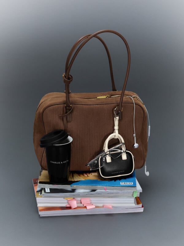 Mocha Brown Large Sianna Corduroy Bowling Bag - CHARLES & KEITH