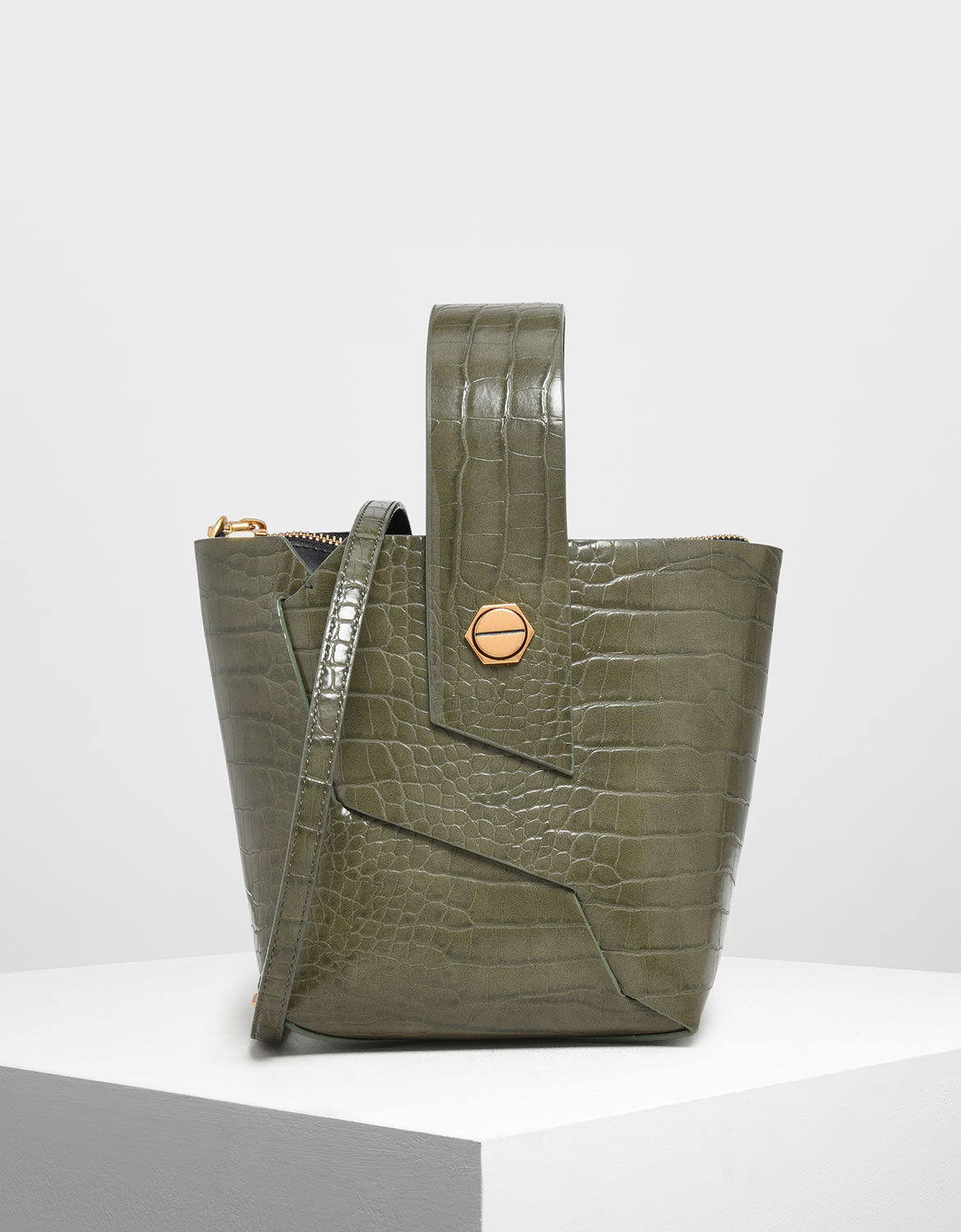 Women's Croc-Effect Wristlet Handle Bucket Bag in olive - CHARLES & KEITH